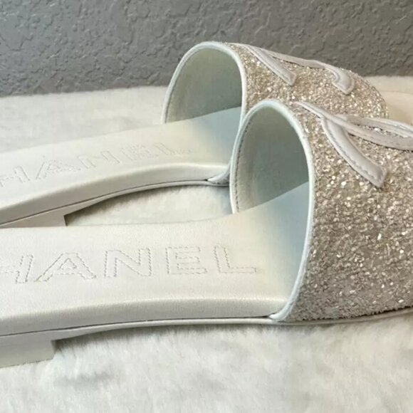 Chanel White Embroidery CC Logo Slide Slip Sandal Mule Flat Full Set Size 36.5 - Picture 3 of 10